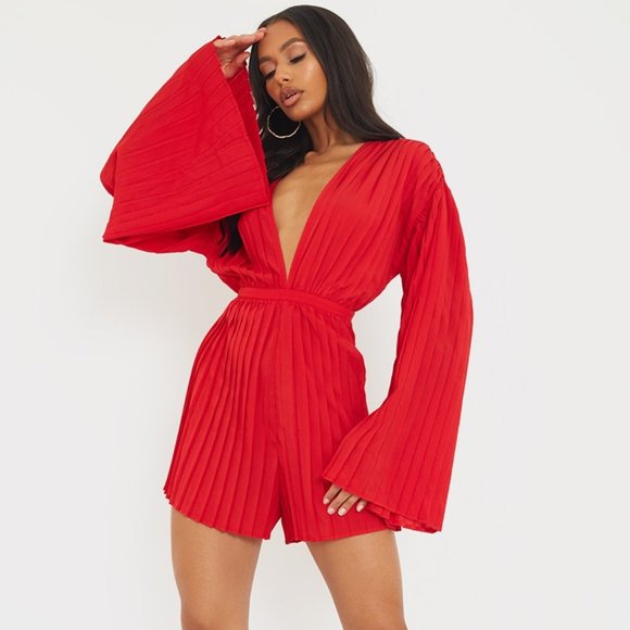 Red Plunge Pleated Romper - Picture 1 of 5
